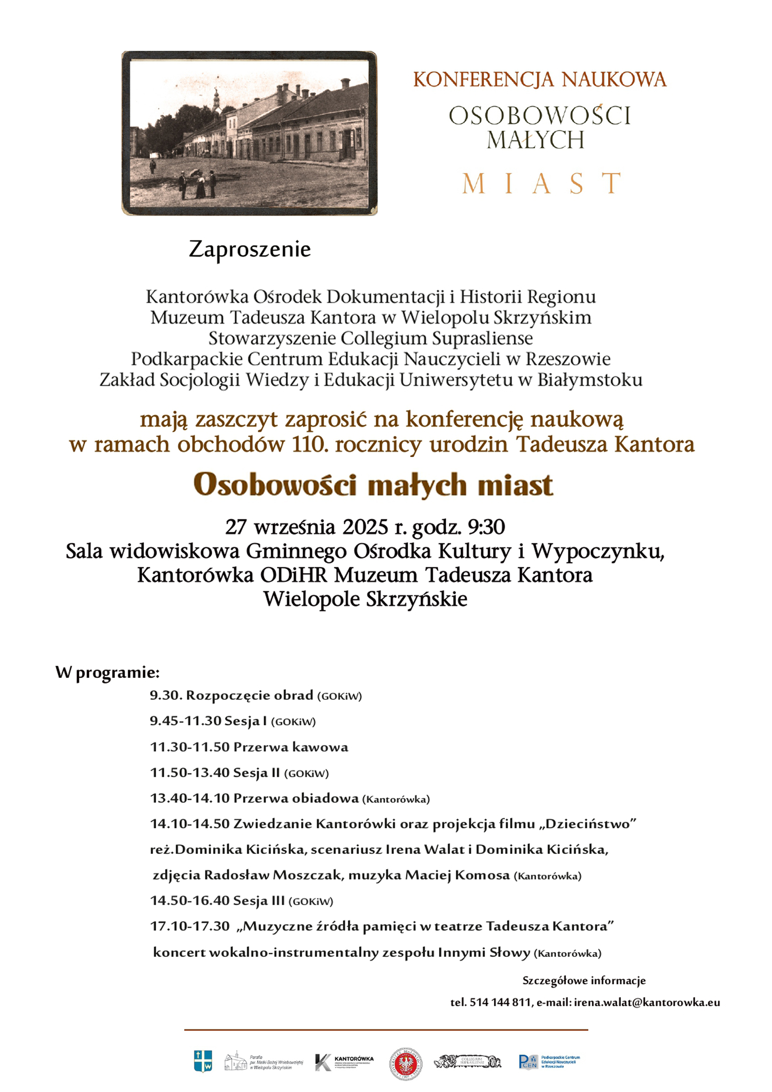 Zaproszenie na konferencję naukową w ramach obchodów 110. rocznicy urodzin Tadeusza Kantora Osobowości małych miast