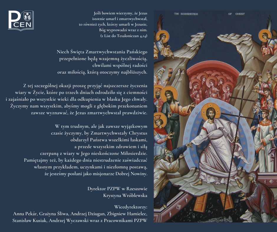Karta Wielkanocna 2021 z życzeniami od Dyrektor PZPW Krystyny Wróblewskiej i Pracowników