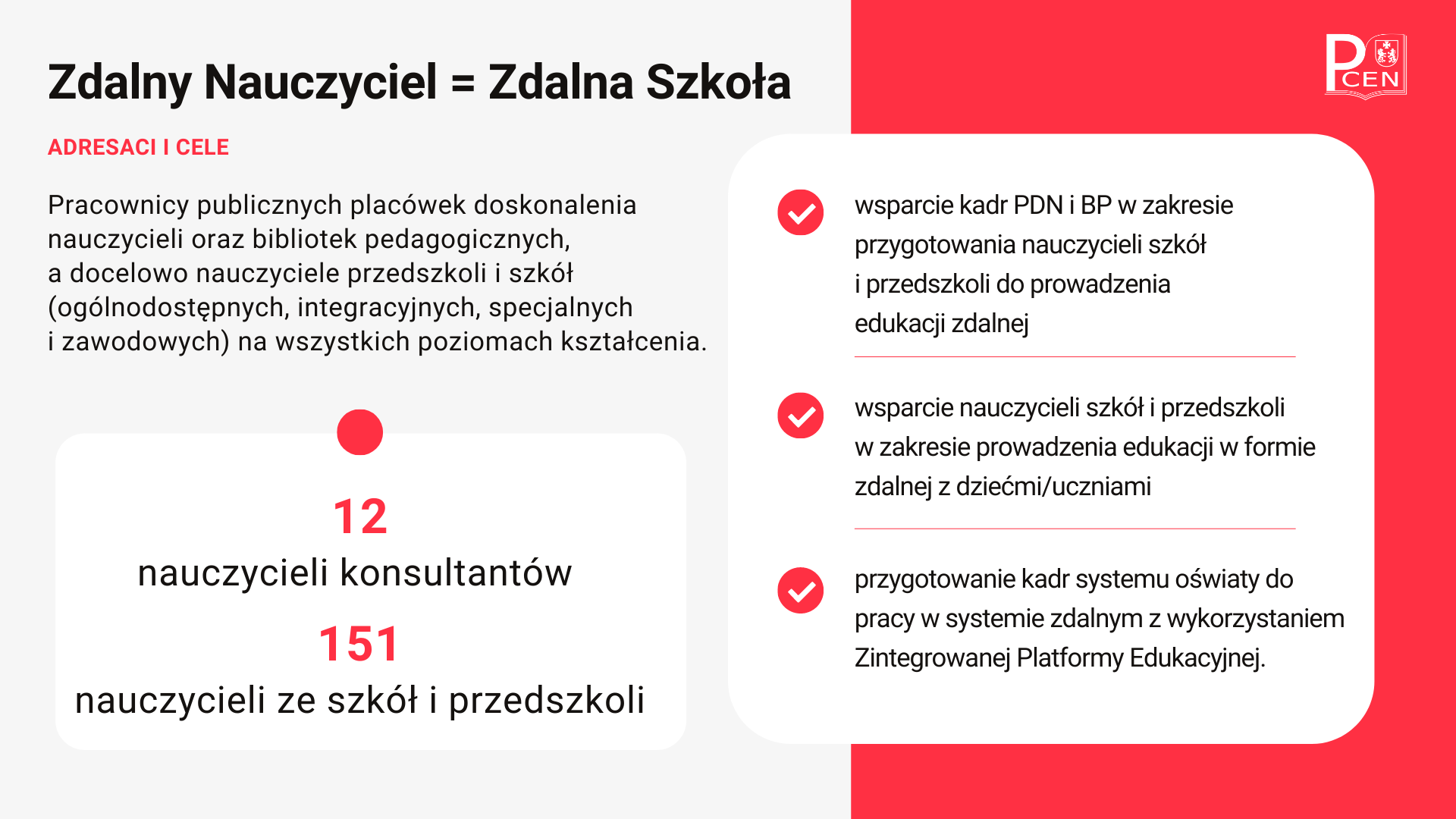 Projekt Zdalny Nauczyciel = Zdalna Szkoła - adresaci i cele, wiecej informacji na stornie projektu