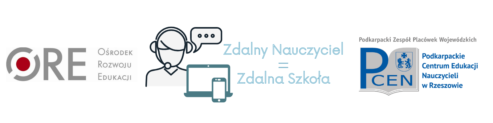 Logo ORE - Ośrodek Rozwoju Edukacji, Logo projektu Zdalny Nauczyciel = Zdalna Szkoła, Logo Podkarpackiego Centrum Edukacji Nauczycieli w Rzeszowie przy PZPW
